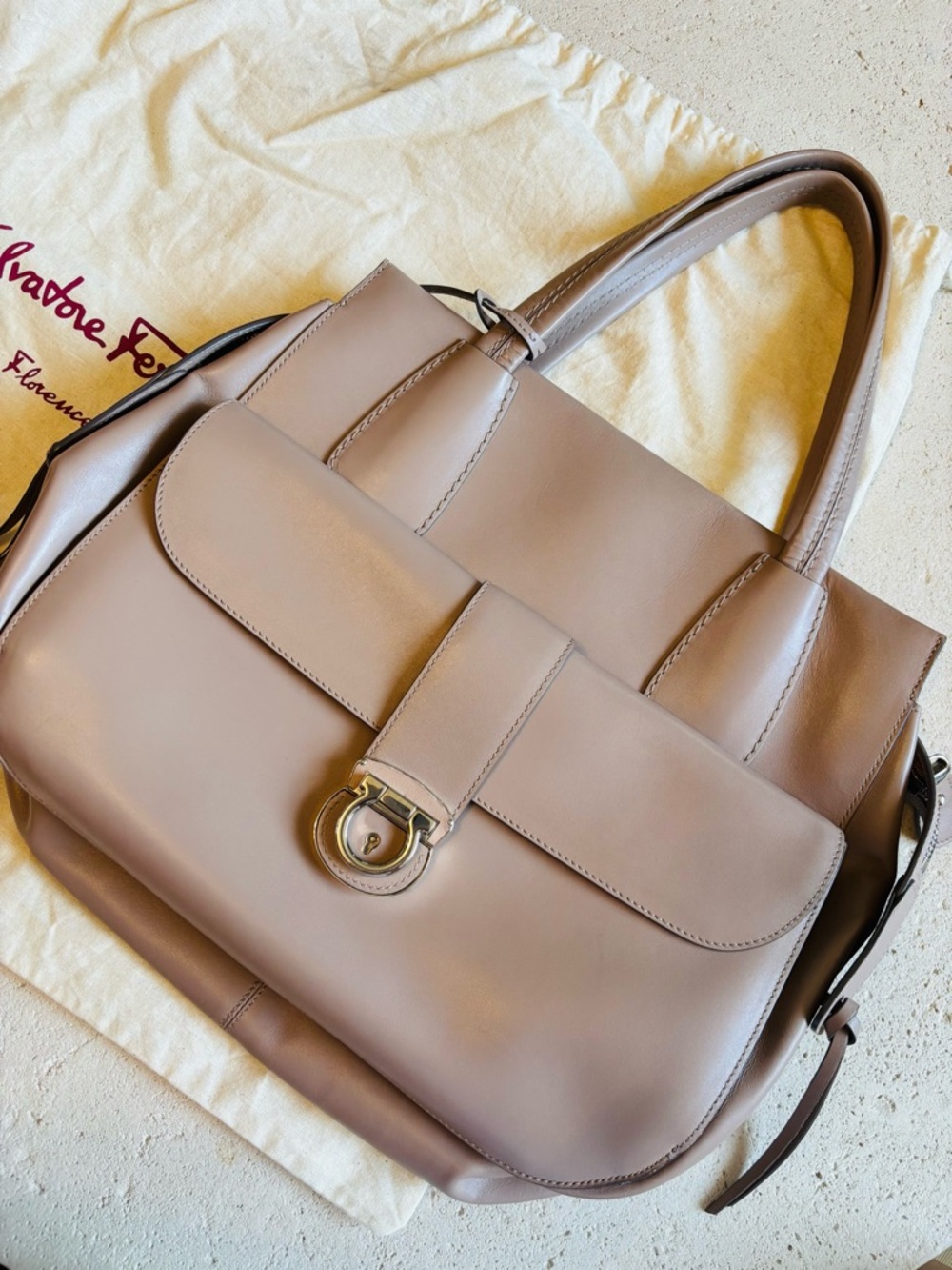 Salvatore Ferragamo Mauve Taupe Leather Shoulder Tote with Front Flap